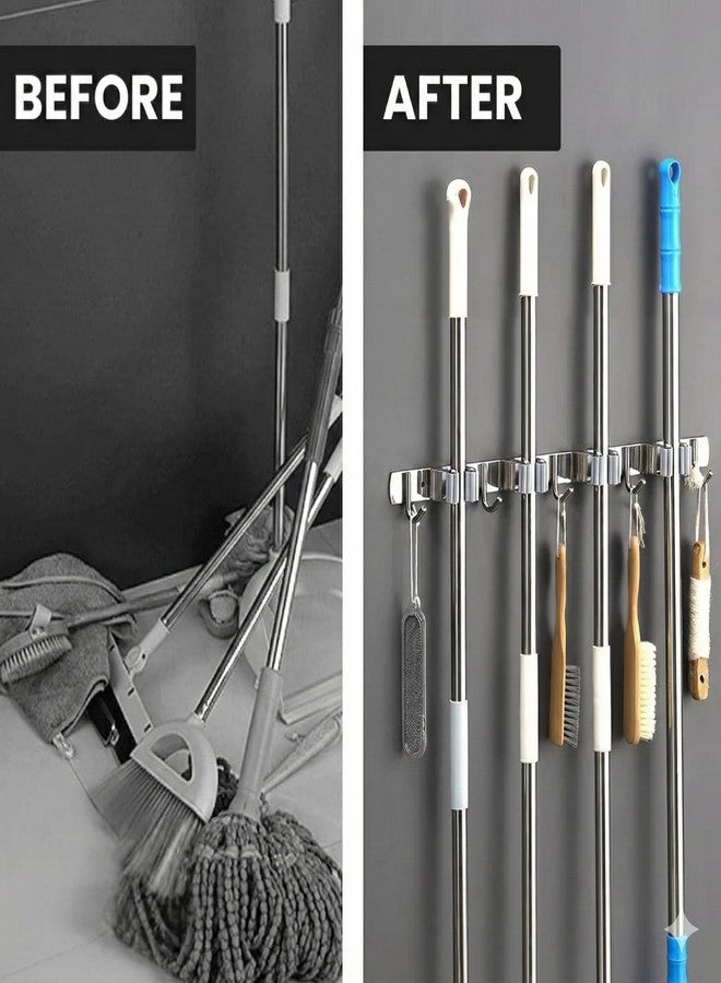 Home Elem Broom Mop Holder Wall Mount Stainless Steel Wall Mounted Storage Organizer Heavy Duty Tools Hanger with 4 Racks 5 Hooks for Kitchen Bathroom Closet Garage Office Garden 1Pc broom holder - Image 3